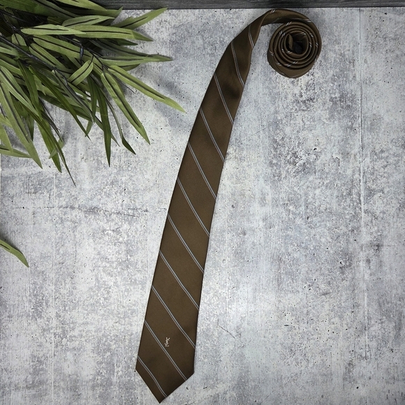 YSL Yves Saint Laurent | Brown Beige Blue Diagonal Striped Tie - Picture 1 of 3
